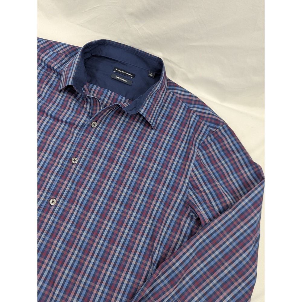 Zachary Prell Blue Plaid Button Down Long Sleeve Shirt Large Performance Stretch